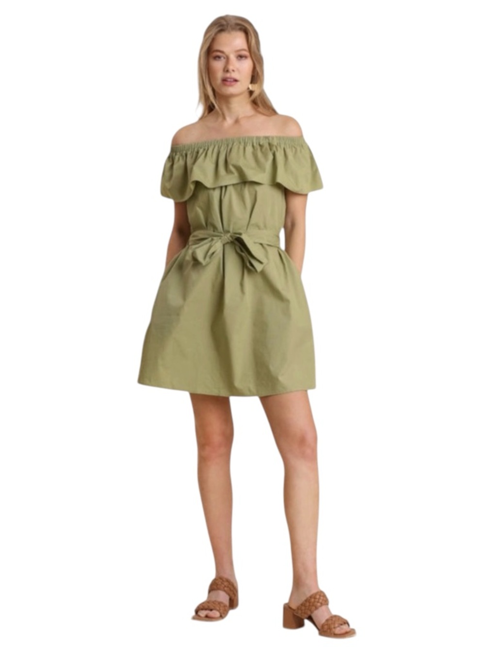 Olive Green Ruffle Off Shoulder with Self Sash Dress - Picture 4 of 8